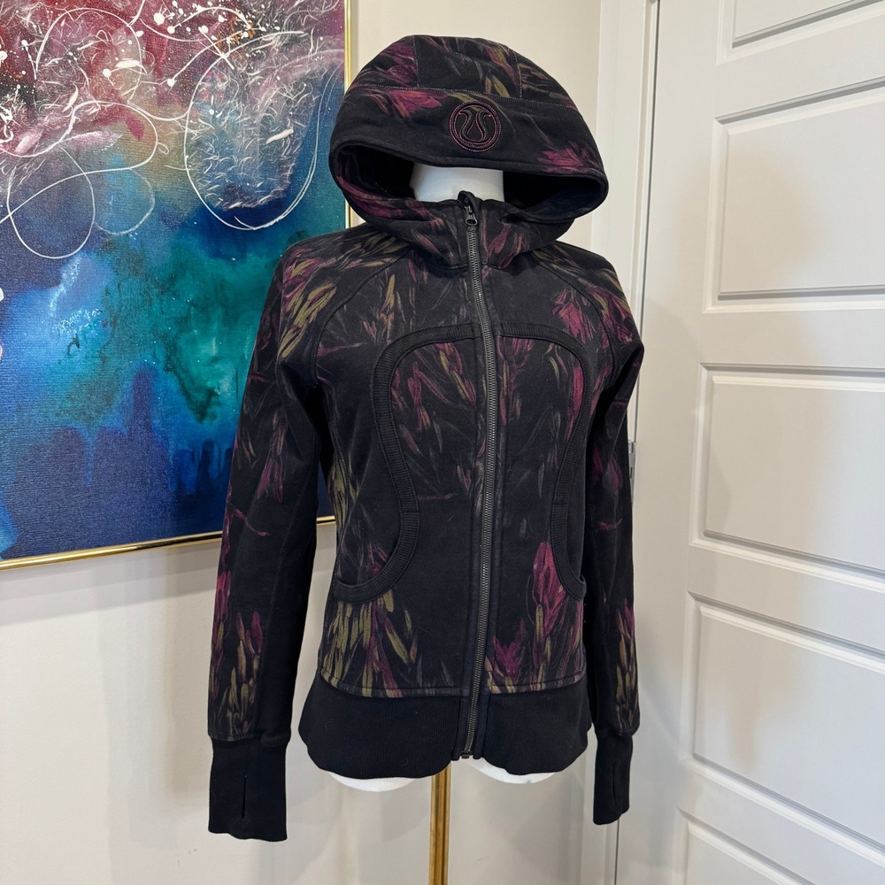Y2K Lululemon Scuba Full Zip Hoodie Black Purple Floral Print Thumbholes Size 6